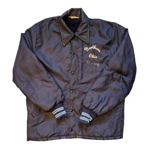 Vintage varsity style satin style embroidered blue collar coat size Medium